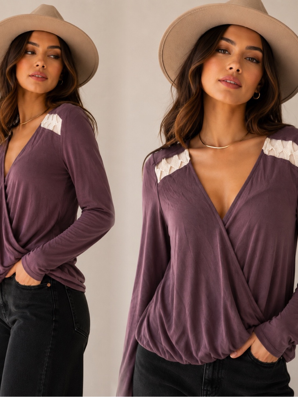 Audrey 3+1 Plum Wrap Front Top with Cream Lace Shoulders